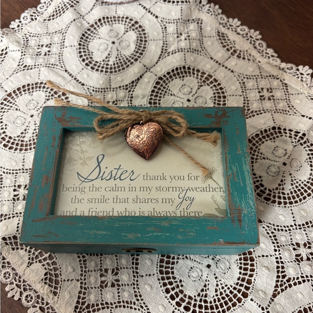 Charming Distressed Teal Sister Frame Music Box with Heart Accent